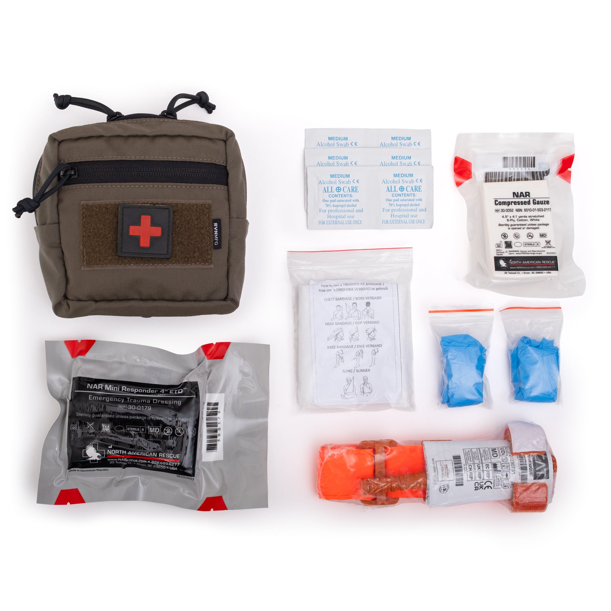 Bleeding control kit with various components on a white background