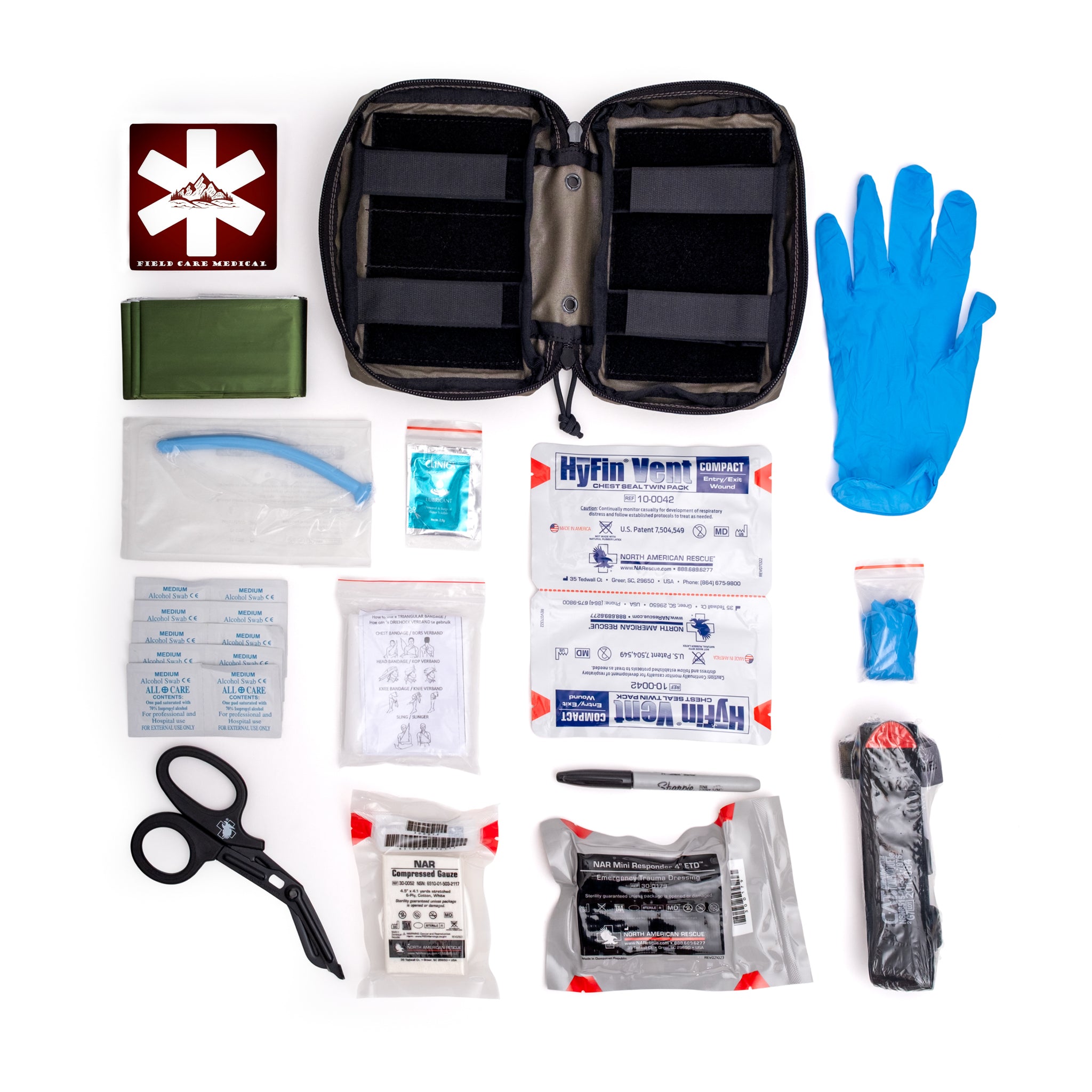Individual First Aid Kit components including a pouch, bandages, gloves, and scissors on a white background.