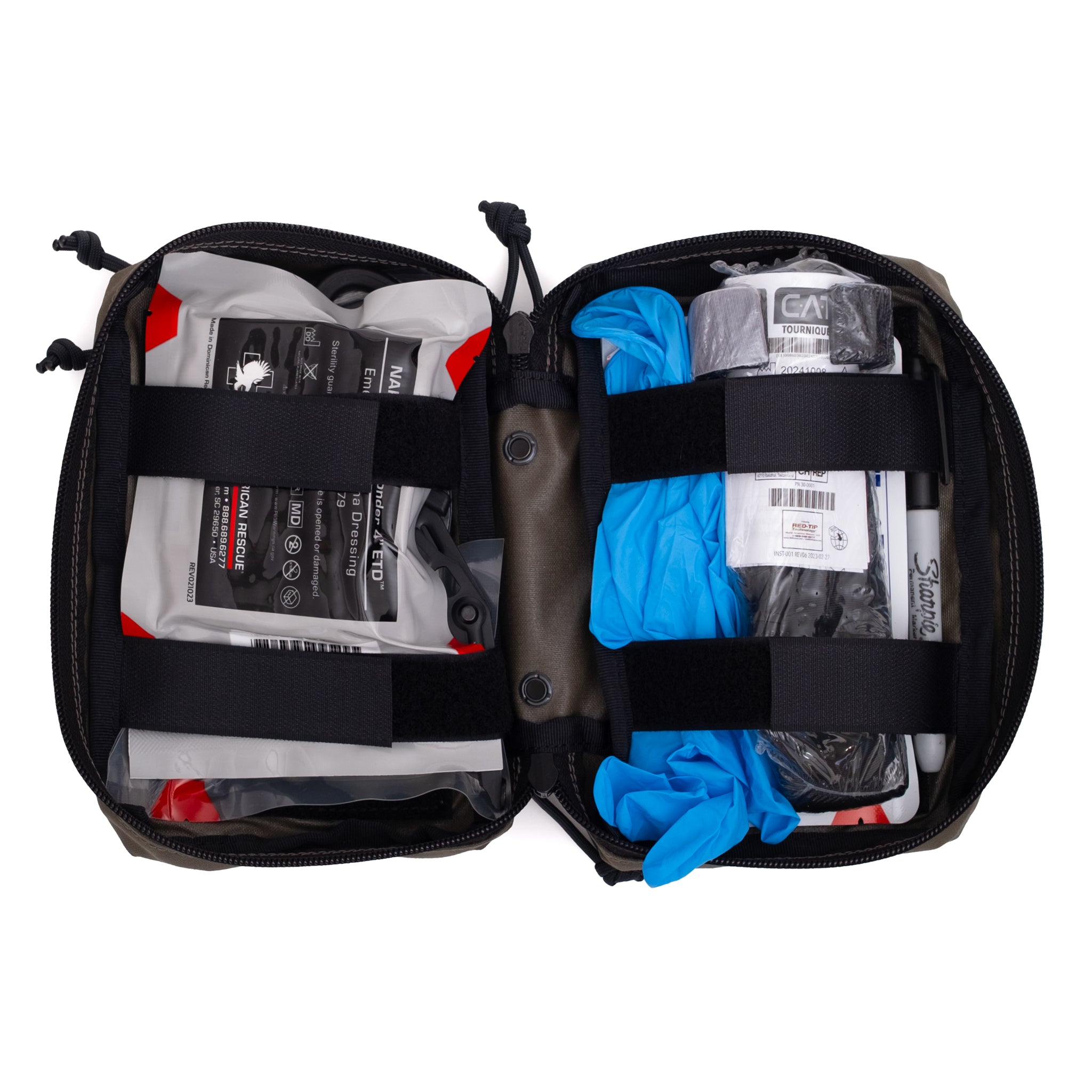 Individual First Aid Kit Open black pouch containing various items on a white background